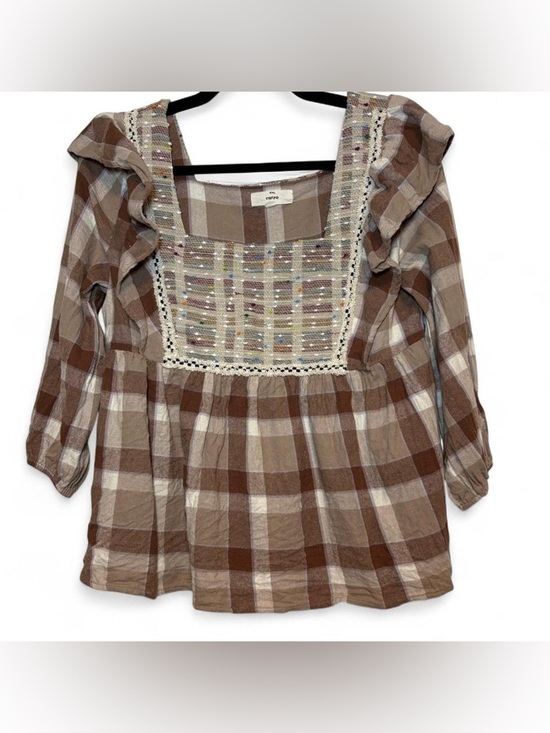 entro Tops - entro Brown and Cream Plaid Ruffle Peasant Top